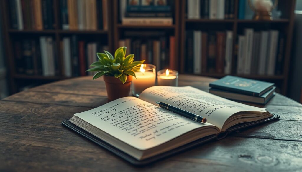 A beautifully arranged shadow work journal setup on a rustic wooden table. The foreground features an open leather-bound journal with elegant handwritten notes and prompts about money fears, accompanied by a sleek pen. In the middle, a small potted plant with vibrant green leaves adds a touch of nature. A burning candle emits a soft, warm glow, casting gentle shadows that create a cozy atmosphere. In the background, a softly blurred bookshelf filled with motivational books and crystals enhances the mood. The lighting is soft and inviting, reminiscent of early evening, with hints of neon colors reflecting off the objects, creating a dreamlike quality. The overall feel is serene, introspective, and inspiring, perfect for fostering honest reflection. A beautifully arranged shadow work journal setup on a rustic wooden table. The foreground features an open leather-bound journal with elegant handwritten notes and prompts about money fears, accompanied by a sleek pen. In the middle, a small potted plant with vibrant green leaves adds a touch of nature. A burning candle emits a soft, warm glow, casting gentle shadows that create a cozy atmosphere. In the background, a softly blurred bookshelf filled with motivational books and crystals enhances the mood. The lighting is soft and inviting, reminiscent of early evening, with hints of neon colors reflecting off the objects, creating a dreamlike quality. The overall feel is serene, introspective, and inspiring, perfect for fostering honest reflection.