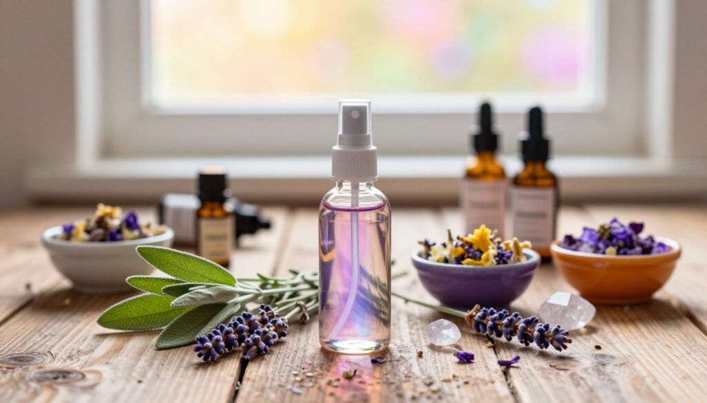 A beautifully arranged still life of smudge spray ingredients on a rustic wooden table. In the foreground, a crystal-clear glass spray bottle filled with a vibrant, iridescent liquid, surrounded by fresh herbs like sage and lavender. Scattered around are small, colorful bowls filled with dried flowers, crystals like amethyst and clear quartz, and a few essential oil bottles with elegant labels. The middle ground is softly blurred, featuring a warm-toned, sun-drenched window casting gentle light, enhancing the dreamy atmosphere. The background has hints of dreamy, neon-colored reflections, subtly evoking a high-end magazine advertisement aesthetic. The image should radiate tranquility and positivity, appealing to a young adult audience. A beautifully arranged still life of smudge spray ingredients on a rustic wooden table. In the foreground, a crystal-clear glass spray bottle filled with a vibrant, iridescent liquid, surrounded by fresh herbs like sage and lavender. Scattered around are small, colorful bowls filled with dried flowers, crystals like amethyst and clear quartz, and a few essential oil bottles with elegant labels. The middle ground is softly blurred, featuring a warm-toned, sun-drenched window casting gentle light, enhancing the dreamy atmosphere. The background has hints of dreamy, neon-colored reflections, subtly evoking a high-end magazine advertisement aesthetic. The image should radiate tranquility and positivity, appealing to a young adult audience.