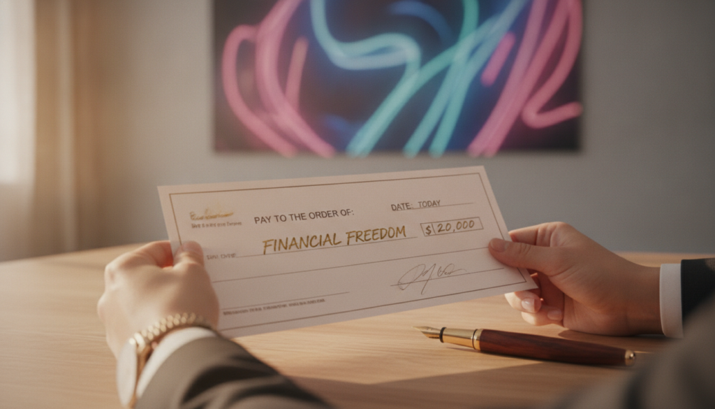 A beautifully arranged wooden desk in a softly lit room, featuring an abundance check and a luxurious fountain pen poised beside it. The foreground shows the check with elegant calligraphy, glistening under warm, ambient lighting. In the middle, a pair of hands, elegantly manicured and dressed in chic business attire, gently holding the check, symbolizing intention and purpose. The background features a dreamy, abstract wall art in soft neon colors reminiscent of a high-end magazine advertisement, evoking a sense of aspiration and abundance. The atmosphere is inspiring and serene, inviting the viewer to envision financial freedom and positivity. The composition captures a close-up perspective, focusing on the elements of wealth manifestation while ensuring a sophisticated and professional tone throughout the image. A beautifully arranged wooden desk in a softly lit room, featuring an abundance check and a luxurious fountain pen poised beside it. The foreground shows the check with elegant calligraphy, glistening under warm, ambient lighting. In the middle, a pair of hands, elegantly manicured and dressed in chic business attire, gently holding the check, symbolizing intention and purpose. The background features a dreamy, abstract wall art in soft neon colors reminiscent of a high-end magazine advertisement, evoking a sense of aspiration and abundance. The atmosphere is inspiring and serene, inviting the viewer to envision financial freedom and positivity. The composition captures a close-up perspective, focusing on the elements of wealth manifestation while ensuring a sophisticated and professional tone throughout the image.