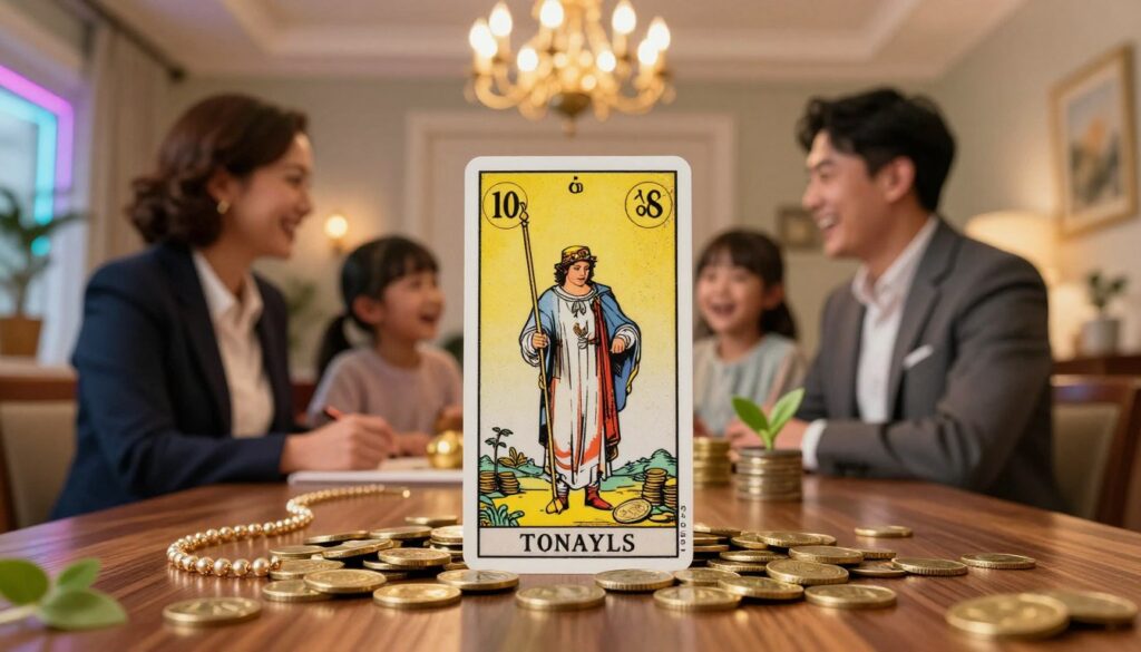 A beautifully composed image illustrating the upright Ten of Pentacles tarot card, symbolizing wealth and prosperity. In the foreground, a rich wooden table holds a spread of golden coins, a shimmering necklace, and a small plant, symbolizing growth. The middle ground features a serene family scene with three adults in professional business attire sharing joyful laughter, representing unity and abundance. In the background, a softly lit room adorned with elegant decorations, showcasing a lavish chandelier casting warm, inviting light. The atmosphere is uplifting and optimistic, with hints of neon colors that accentuate the themes of wealth and success. The overall composition should resemble a high-end magazine advertisement, appealing to an adult Gen Z audience. A beautifully composed image illustrating the upright Ten of Pentacles tarot card, symbolizing wealth and prosperity. In the foreground, a rich wooden table holds a spread of golden coins, a shimmering necklace, and a small plant, symbolizing growth. The middle ground features a serene family scene with three adults in professional business attire sharing joyful laughter, representing unity and abundance. In the background, a softly lit room adorned with elegant decorations, showcasing a lavish chandelier casting warm, inviting light. The atmosphere is uplifting and optimistic, with hints of neon colors that accentuate the themes of wealth and success. The overall composition should resemble a high-end magazine advertisement, appealing to an adult Gen Z audience.