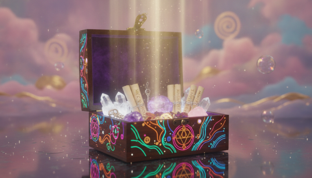A beautifully crafted manifestation box sits in the foreground, adorned with intricate designs and vibrant neon colors that reflect its magical purpose. Inside the box, various intention items—like crystals, handwritten notes, and small tokens—are carefully arranged, glowing softly. The middle ground features gentle rays of ethereal light, illuminating the box and creating a mystical ambiance. In the background, abstract dreamcore elements blend seamlessly, including soft shapes and colors that evoke a sense of wonder and possibility. The scene is shot from a slightly elevated angle to emphasize the box's contents, with a soft focus on the surrounding background, enhancing the dreamlike atmosphere. The overall mood is one of inspiration and hope, inviting the viewer into a world of manifestation and intention.