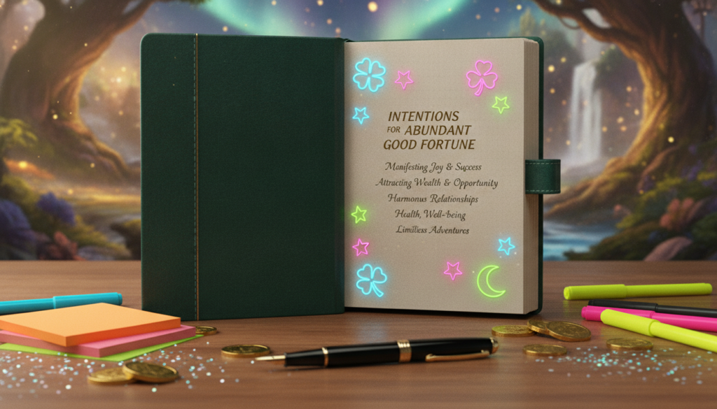 A beautifully crafted notebook opened to a page filled with neatly handwritten intentions for attracting good fortune, surrounded by an assortment of vibrant neon-colored stationery. The foreground showcases a sleek fountain pen and shimmering gold coins scattered among the pages. In the middle, the handwritten intentions are displayed in elegant calligraphy, with glowing symbols of luck, such as four-leaf clovers and stars lightly sketched around the text. The background features a softly blurred dreamy landscape of magical forests and shimmering lights, evoking a sense of possibility and positivity. The scene is illuminated with ethereal lighting, creating a warm and inviting atmosphere, reminiscent of a high-end magazine advertisement. The entire composition should feel aspirational, engaging Gen Z with an adventurous spirit.