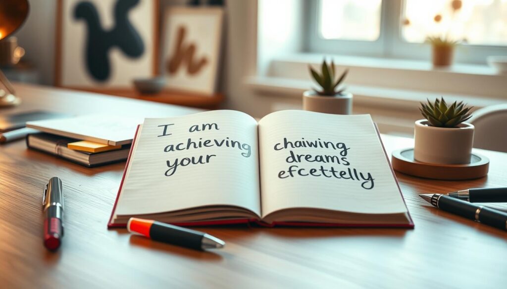 A beautifully crafted open journal lies on a sleek wooden desk, filled with vibrant, handwritten affirmations in present tense, like "I am achieving my dreams effortlessly." The foreground features elegant stationery items—a stylish pen with neon accents, colorful sticky notes, and a small potted succulent. In the middle, the journal's pages are illuminated by soft, warm lighting, creating a cozy yet inspiring atmosphere. The background showcases a softly blurred modern workspace with abstract art pieces and a window that allows gentle daylight to filter in, enhancing the dreamy vibe. The composition is shot from a high angle to capture the details, with a focus on the journal, conveying a sense of motivation and creativity that resonates with a Gen Z audience. A beautifully crafted open journal lies on a sleek wooden desk, filled with vibrant, handwritten affirmations in present tense, like "I am achieving my dreams effortlessly." The foreground features elegant stationery items—a stylish pen with neon accents, colorful sticky notes, and a small potted succulent. In the middle, the journal's pages are illuminated by soft, warm lighting, creating a cozy yet inspiring atmosphere. The background showcases a softly blurred modern workspace with abstract art pieces and a window that allows gentle daylight to filter in, enhancing the dreamy vibe. The composition is shot from a high angle to capture the details, with a focus on the journal, conveying a sense of motivation and creativity that resonates with a Gen Z audience.
