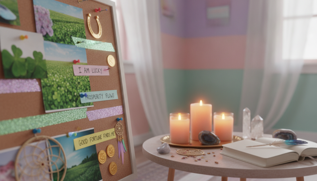 A beautifully crafted vision board showcasing elements of manifesting good luck rituals. In the foreground, an artistic arrangement of colorful images, motivational affirmations, and symbols of fortune like four-leaf clovers and golden coins, all pinned to a corkboard with vibrant push pins. The middle ground features a serene space with soft, glowing candles, crystals, and a journal, inviting introspection and positivity. In the background, a dreamy setting with pastel walls and soft lighting creates a cozy atmosphere. A gentle glow emanates from the candles, casting warm light that enhances the dreamcore aesthetic. The composition is shot from an angle that captures the depth and inviting feel of the ritual space, embodying hope and inspiration for a new generation.