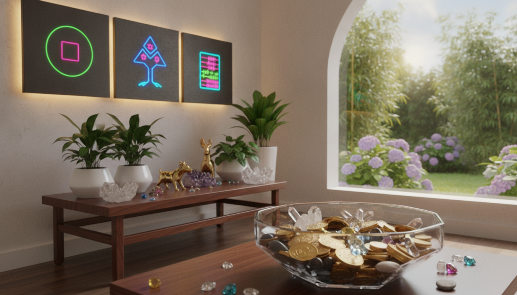 A beautifully curated feng shui wealth area, featuring an elegant low table adorned with lush green plants, golden accessories, and shimmering crystals. In the foreground, a modern crystal bowl sparkles with coins and gemstones, symbolizing abundance. The middle ground displays tasteful wall art depicting wealth symbols in vibrant neon colors, creating a harmonious contrast with soft, inviting lighting that evokes a sense of prosperity. The background features a serene window view of a flourishing garden, enhancing the atmosphere of growth and financial flow. The composition is shot from a slight angle to capture depth, with a high-end magazine advertisement aesthetic that appeals to adult Gen Z sensibilities. The mood is tranquil yet energizing, infused with a dreamlike quality that inspires financial motivation and success. A beautifully curated feng shui wealth area, featuring an elegant low table adorned with lush green plants, golden accessories, and shimmering crystals. In the foreground, a modern crystal bowl sparkles with coins and gemstones, symbolizing abundance. The middle ground displays tasteful wall art depicting wealth symbols in vibrant neon colors, creating a harmonious contrast with soft, inviting lighting that evokes a sense of prosperity. The background features a serene window view of a flourishing garden, enhancing the atmosphere of growth and financial flow. The composition is shot from a slight angle to capture depth, with a high-end magazine advertisement aesthetic that appeals to adult Gen Z sensibilities. The mood is tranquil yet energizing, infused with a dreamlike quality that inspires financial motivation and success.