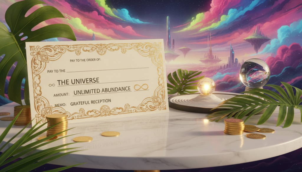 A beautifully designed abundance check serves as the centerpiece of the image, adorned with intricate floral patterns and shimmering metallic accents. In the foreground, the check lies on an elegant marble table, surrounded by scattered gold coins and vibrant plant leaves, symbolizing wealth and prosperity. The middle ground features a softly glowing light emanating from a small zen garden and a serene crystal ball, creating a mystical ambiance. In the background, an ethereal, dreamlike landscape unfolds with a twilight sky painted in neon colors, hinting at limitless possibilities. The overall mood is optimistic and inspiring, inviting the viewer to embrace abundance. The scene is illuminated by soft, warm lighting, reflecting the aspirations of adult Gen Z in a high-end magazine advertisement style, with no human figures present. A beautifully designed abundance check serves as the centerpiece of the image, adorned with intricate floral patterns and shimmering metallic accents. In the foreground, the check lies on an elegant marble table, surrounded by scattered gold coins and vibrant plant leaves, symbolizing wealth and prosperity. The middle ground features a softly glowing light emanating from a small zen garden and a serene crystal ball, creating a mystical ambiance. In the background, an ethereal, dreamlike landscape unfolds with a twilight sky painted in neon colors, hinting at limitless possibilities. The overall mood is optimistic and inspiring, inviting the viewer to embrace abundance. The scene is illuminated by soft, warm lighting, reflecting the aspirations of adult Gen Z in a high-end magazine advertisement style, with no human figures present.