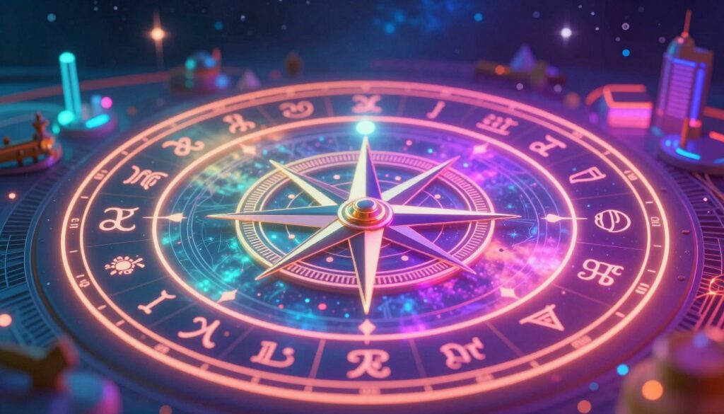 A beautifully designed astrological chart focusing on the Part of Fortune, set against a vibrant backdrop of glowing neon colors. In the foreground, intricate symbols representing astrological signs surround a central ornate compass that directs attention to the Part of Fortune symbol. The middle layer features a blend of geometric patterns and dreamy overlays, giving a sense of mystical calculation. In the background, a bright, surreal landscape reminiscent of a futuristic cityscape fades into a starry night sky, enhancing the magical atmosphere. The lighting is soft yet striking, creating an inviting glow that captivates the viewer. This high-end, magazine-style illustration captures the essence of fortune and potential, appealing to adult Gen Z aesthetics, without any text or identifiers.