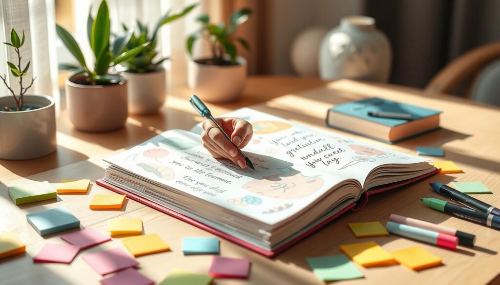 A beautifully designed gratitude and self-care journal lies open on a bright, sunlit wooden desk. The foreground features a colorful array of sticky notes and highlighters scattered around the journal, which showcases whimsical illustrations and motivational quotes in pastel and neon colors. In the middle, a delicate hand, adorned with minimalist rings, writes thoughtfully in the journal, encapsulating the essence of mindfulness. The background consists of soft, dreamy decor with plant life, gentle abstract shapes, and a hint of warm sunlight filtering through gauzy curtains, creating a cozy atmosphere. The overall mood is calm, inspiring, and creative, reminiscent of a high-end magazine advertisement tailored for adult Gen Z. Natural light enhances the vibrant colors while maintaining a soft focus, inviting viewers into a world of self-care and positivity. A beautifully designed gratitude and self-care journal lies open on a bright, sunlit wooden desk. The foreground features a colorful array of sticky notes and highlighters scattered around the journal, which showcases whimsical illustrations and motivational quotes in pastel and neon colors. In the middle, a delicate hand, adorned with minimalist rings, writes thoughtfully in the journal, encapsulating the essence of mindfulness. The background consists of soft, dreamy decor with plant life, gentle abstract shapes, and a hint of warm sunlight filtering through gauzy curtains, creating a cozy atmosphere. The overall mood is calm, inspiring, and creative, reminiscent of a high-end magazine advertisement tailored for adult Gen Z. Natural light enhances the vibrant colors while maintaining a soft focus, inviting viewers into a world of self-care and positivity.