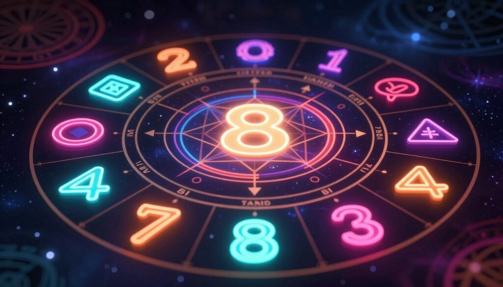 A beautifully designed numerology chart focused on Life Path Number 8, featuring intricate geometric shapes and symbols that represent manifestation and abundance. In the foreground, depict stylized numbers and symbols in vibrant neon colors, with a glowing effect that enhances their significance. In the middle, include detailed sections illustrating the characteristics and traits associated with Life Path Number 8, such as ambition, authority, and success, arranged elegantly on a dark, starry background that creates a cosmic atmosphere. In the background, incorporate subtle elements like abstract patterns and soft gradients that evoke a sense of mystery and depth. The overall mood should be inspiring and energetic, reflecting a modern, high-end magazine aesthetic. Use dramatic lighting to highlight the chart, emphasizing its importance. A beautifully designed numerology chart focused on Life Path Number 8, featuring intricate geometric shapes and symbols that represent manifestation and abundance. In the foreground, depict stylized numbers and symbols in vibrant neon colors, with a glowing effect that enhances their significance. In the middle, include detailed sections illustrating the characteristics and traits associated with Life Path Number 8, such as ambition, authority, and success, arranged elegantly on a dark, starry background that creates a cosmic atmosphere. In the background, incorporate subtle elements like abstract patterns and soft gradients that evoke a sense of mystery and depth. The overall mood should be inspiring and energetic, reflecting a modern, high-end magazine aesthetic. Use dramatic lighting to highlight the chart, emphasizing its importance.