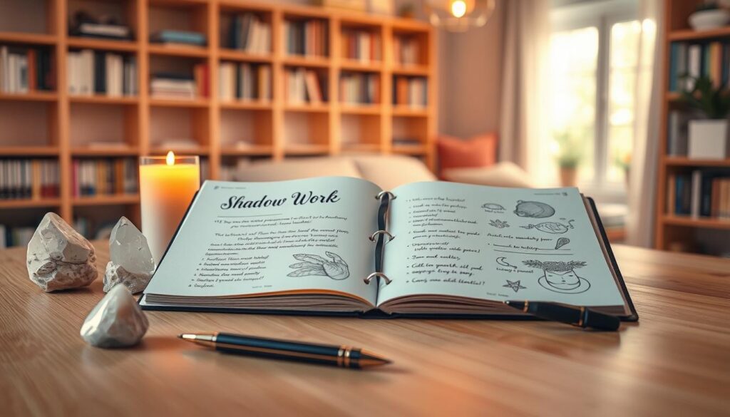 A beautifully designed shadow work journal lies open on a sleek, wooden surface, showcasing elegant, hand-written prompts and soft pastel illustrations. The foreground features a cozy arrangement of crystals and a softly lit candle, emitting a warm glow. In the middle, a stylishly crafted pen rests beside the journal, hinting at the act of self-reflection. The background reveals a serene, softly blurred room with shelves lined with books on psychology and personal growth, and a window letting in gentle, natural light. The entire scene is infused with vibrant neon colors, giving it a modern, dreamlike atmosphere. The mood is introspective yet inviting, perfect for beginners embarking on their shadow work journey. The shot is captured with a slight top-down angle, emphasizing the journal and its purpose. A beautifully designed shadow work journal lies open on a sleek, wooden surface, showcasing elegant, hand-written prompts and soft pastel illustrations. The foreground features a cozy arrangement of crystals and a softly lit candle, emitting a warm glow. In the middle, a stylishly crafted pen rests beside the journal, hinting at the act of self-reflection. The background reveals a serene, softly blurred room with shelves lined with books on psychology and personal growth, and a window letting in gentle, natural light. The entire scene is infused with vibrant neon colors, giving it a modern, dreamlike atmosphere. The mood is introspective yet inviting, perfect for beginners embarking on their shadow work journey. The shot is captured with a slight top-down angle, emphasizing the journal and its purpose.