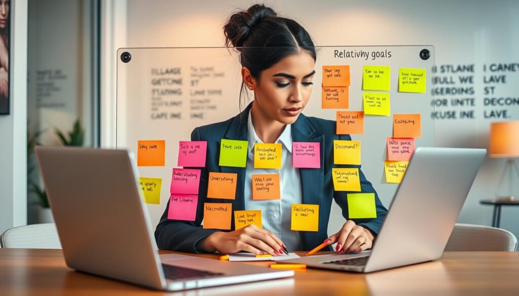 A beautifully designed workspace set in a modern office environment, featuring a young woman in professional attire, thoughtfully organizing relationship goals on a vibrant glass board. She is surrounded by neon-colored sticky notes depicting various aspects of her ideal relationship - trust, love, understanding, and communication. In the foreground, a sleek laptop is open, displaying a digital vision board. The middle layer includes her focused expression, as she contemplates her goals. The background is softly lit with motivational quotes on the walls, creating an inspiring atmosphere. Warm, ambient lighting highlights the vibrant colors, while a slight lens blur adds depth, emphasizing her determination. Overall, the scene embodies clarity, positivity, and focused intention, ideal for manifesting the relationship she desires.