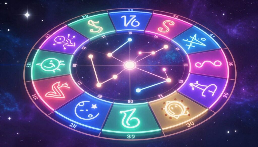 A beautifully designed zodiac sign house chart, intricately displaying the twelve zodiac signs along the circular layout with vibrant neon colors resembling a high-end magazine advertisement. In the foreground, elegantly labeled segments represent each zodiac sign, filled with unique astrological symbols and corresponding house numbers. The middle section features radiant connections, like constellations, linking the signs to a central Part of Fortune point, symbolizing wealth and success. The background is a cosmic scene with twinkling stars and a soft gradient of deep purples and blues, creating a dreamy atmosphere. The lighting is bright yet ethereal, giving the chart a dynamic glow as if illuminated by neon lights, appealing to a modern adult Gen Z audience.