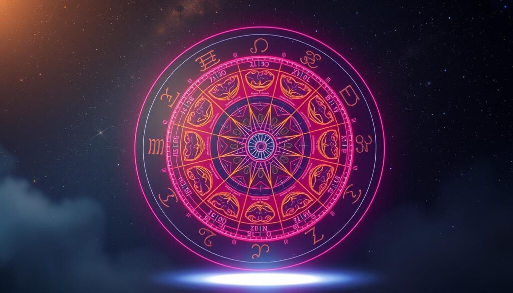 A beautifully detailed astrology wheel diagram taking center stage, designed with vibrant neon colors that radiate an ethereal glow. The wheel features twelve distinct sections, each representing a zodiac sign, intricately illustrated with celestial symbols and cosmic motifs. In the foreground, incorporate a soft luminescent effect enhancing the signs, while delicate floral elements subtly intertwine at the edges, evoking a sense of mystery and wonder. In the background, a dreamy cosmic landscape filled with twinkling stars and faint nebulae sets an enchanting atmosphere. The lighting is soft, with an ethereal glow illuminating the wheel from below, creating depth and intrigue. The overall mood is contemplative and mystical, inviting viewers to explore the secrets their birth chart may unveil about their lives.