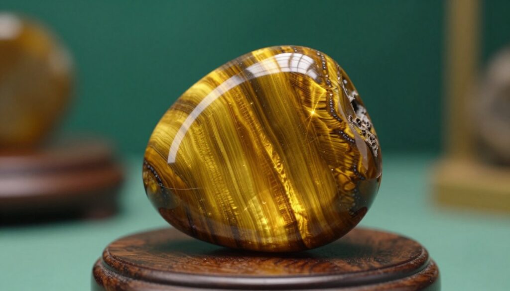 A beautifully detailed close-up of a golden tiger eye gemstone, showcasing its mesmerizing chatoyancy and rich golden-brown hues. The foreground captures the sparkling nuances of the stone's surface, reflecting warm, ambient light that highlights its unique banding and depth. In the middle ground, softly blurred elements of a minimalist display, such as a polished wooden pedestal, emphasize the gemstone without distraction. The background features a smooth gradient of deep emerald green, enhancing the gemstone's natural vibrancy. The atmosphere is elegant and serene, evoking a sense of luxury and self-confidence. The lighting is soft yet illuminating, creating a dreamlike quality reminiscent of high-end magazine advertisements. Focus on a dramatic angle to accentuate the stone's brilliance, inviting the viewer to appreciate its unique properties. A beautifully detailed close-up of a golden tiger eye gemstone, showcasing its mesmerizing chatoyancy and rich golden-brown hues. The foreground captures the sparkling nuances of the stone's surface, reflecting warm, ambient light that highlights its unique banding and depth. In the middle ground, softly blurred elements of a minimalist display, such as a polished wooden pedestal, emphasize the gemstone without distraction. The background features a smooth gradient of deep emerald green, enhancing the gemstone's natural vibrancy. The atmosphere is elegant and serene, evoking a sense of luxury and self-confidence. The lighting is soft yet illuminating, creating a dreamlike quality reminiscent of high-end magazine advertisements. Focus on a dramatic angle to accentuate the stone's brilliance, inviting the viewer to appreciate its unique properties.