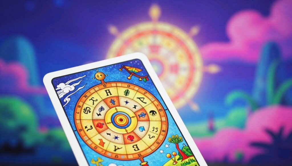 A beautifully illustrated Wheel of Fortune tarot card, prominently displayed in the foreground, features a large, vibrant wheel adorned with symbols of luck, change, and fate. Surrounding it are intricate designs of zodiac signs and natural elements like winds and clouds, representing the cycles of life. In the middle ground, a soft glow emanates from the wheel, casting gentle reflections that create a mystical atmosphere. The background consists of a dreamlike landscape with surreal neon colors blending seamlessly — deep blues and purples infused with bright pinks and greens. The lighting is soft and ethereal, capturing an enchanting ambiance. The mood is hopeful and auspicious, perfect for beginners seeking insight into fortune and luck, with a high-end magazine advertisement aesthetic. A beautifully illustrated Wheel of Fortune tarot card, prominently displayed in the foreground, features a large, vibrant wheel adorned with symbols of luck, change, and fate. Surrounding it are intricate designs of zodiac signs and natural elements like winds and clouds, representing the cycles of life. In the middle ground, a soft glow emanates from the wheel, casting gentle reflections that create a mystical atmosphere. The background consists of a dreamlike landscape with surreal neon colors blending seamlessly — deep blues and purples infused with bright pinks and greens. The lighting is soft and ethereal, capturing an enchanting ambiance. The mood is hopeful and auspicious, perfect for beginners seeking insight into fortune and luck, with a high-end magazine advertisement aesthetic.