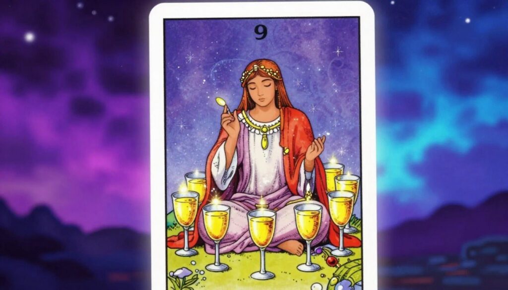 A beautifully illustrated tarot card featuring the Nine of Cups, positioned prominently in the foreground. The card depicts a serene figure sitting contentedly amidst an abundance of golden cups, each filled with sparkling liquid, symbolizing dreams and wishes fulfilled. In the background, a dreamy night sky with vivid neon hues transitions from deep purple to electric blue, contributing to a mystical atmosphere. Soft, shimmering light radiates around the card, creating an ethereal glow that enhances the magical ambiance. The composition is focused closely to emphasize details on the card while maintaining a balanced depth. Overall, the scene exudes a sense of joy, satisfaction, and hopeful anticipation, perfect for illustrating the theme of wishes granted. A beautifully illustrated tarot card featuring the Nine of Cups, positioned prominently in the foreground. The card depicts a serene figure sitting contentedly amidst an abundance of golden cups, each filled with sparkling liquid, symbolizing dreams and wishes fulfilled. In the background, a dreamy night sky with vivid neon hues transitions from deep purple to electric blue, contributing to a mystical atmosphere. Soft, shimmering light radiates around the card, creating an ethereal glow that enhances the magical ambiance. The composition is focused closely to emphasize details on the card while maintaining a balanced depth. Overall, the scene exudes a sense of joy, satisfaction, and hopeful anticipation, perfect for illustrating the theme of wishes granted.
