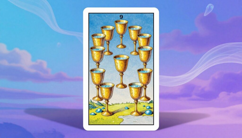A beautifully illustrated tarot card featuring the Upright Nine of Cups, elegantly displayed in the foreground. The card showcases nine ornate golden cups arranged in an arch, filled with shimmering water, symbolizing fulfillment and wishes granted. The background is a dreamy, ethereal landscape with gentle gradients of neon blues and purples, evoking a mystical atmosphere. Soft, surreal lighting illuminates the scene, casting flowing shadows and creating a sense of depth. Incorporate subtle dreamcore elements, such as translucent wisps and abstract shapes floating in the air. The overall mood is uplifting and enchanting, capturing the essence of joy and satisfaction associated with the Nine of Cups. The composition is perfect for a high-end magazine advertisement, appealing to an adult Gen Z audience. A beautifully illustrated tarot card featuring the Upright Nine of Cups, elegantly displayed in the foreground. The card showcases nine ornate golden cups arranged in an arch, filled with shimmering water, symbolizing fulfillment and wishes granted. The background is a dreamy, ethereal landscape with gentle gradients of neon blues and purples, evoking a mystical atmosphere. Soft, surreal lighting illuminates the scene, casting flowing shadows and creating a sense of depth. Incorporate subtle dreamcore elements, such as translucent wisps and abstract shapes floating in the air. The overall mood is uplifting and enchanting, capturing the essence of joy and satisfaction associated with the Nine of Cups. The composition is perfect for a high-end magazine advertisement, appealing to an adult Gen Z audience.