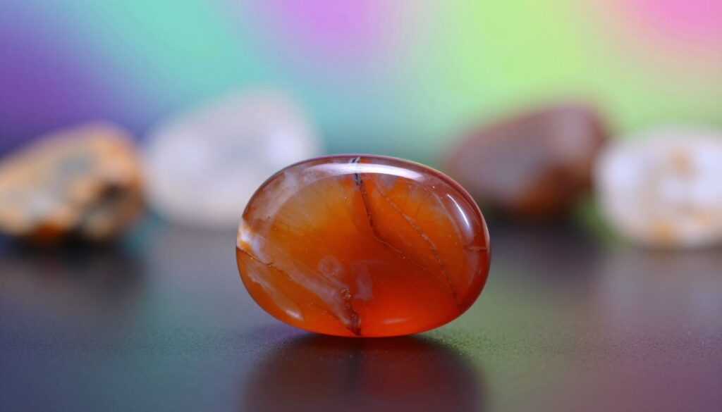 A beautifully polished carnelian chalcedony gemstone, showcasing its rich, warm orange and reddish hues, sits at the forefront of the image on a sleek, reflective black surface that enhances its allure. The gemstone glistens under soft, diffused lighting, casting delicate shadows that highlight its smooth texture and intricate banding. In the middle ground, a subtle array of crystals and raw stones in natural settings hint at the earthiness and ancient origins of the carnelian. The background features a dreamy, ethereal ambiance with softly blended neon colors that evoke a sense of motivation and energy. This serene yet vibrant atmosphere invites viewers to connect with the stone's power, ideal for those seeking to harness their inner drive. The composition is shot from an eye-level angle to emphasize the gem's brilliance and beauty. A beautifully polished carnelian chalcedony gemstone, showcasing its rich, warm orange and reddish hues, sits at the forefront of the image on a sleek, reflective black surface that enhances its allure. The gemstone glistens under soft, diffused lighting, casting delicate shadows that highlight its smooth texture and intricate banding. In the middle ground, a subtle array of crystals and raw stones in natural settings hint at the earthiness and ancient origins of the carnelian. The background features a dreamy, ethereal ambiance with softly blended neon colors that evoke a sense of motivation and energy. This serene yet vibrant atmosphere invites viewers to connect with the stone's power, ideal for those seeking to harness their inner drive. The composition is shot from an eye-level angle to emphasize the gem's brilliance and beauty.