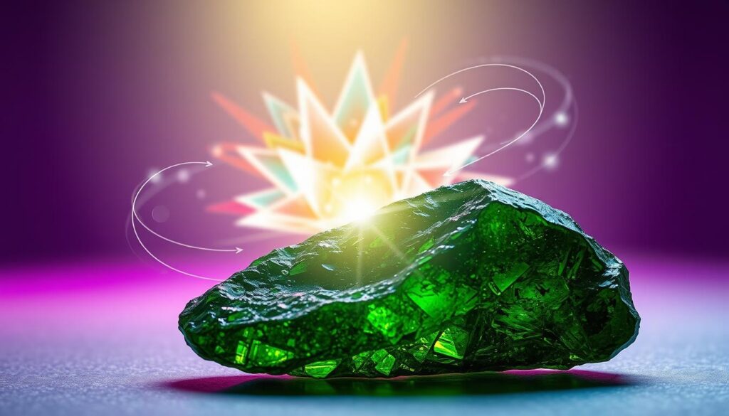 A beautifully polished moldavite stone, with its unique deep green and translucent appearance, dominates the foreground, glimmering under soft, ethereal lighting that highlights its textured facets. Surrounding the stone, delicate wisps of light and energy swirl, symbolizing transformation and powerful energy. In the middle ground, abstract shapes resembling shards of glass burst into radiant neon colors, creating a dynamic sense of rebirth and renewal. The background is a gradient blend of soft purples and blues, adding a dreamlike quality to the scene. The composition should evoke a sense of mystery and awe, with a high-end magazine advertisement feel, using a shallow depth of field to draw focus on the moldavite stone as the central emblem of transformation. A beautifully polished moldavite stone, with its unique deep green and translucent appearance, dominates the foreground, glimmering under soft, ethereal lighting that highlights its textured facets. Surrounding the stone, delicate wisps of light and energy swirl, symbolizing transformation and powerful energy. In the middle ground, abstract shapes resembling shards of glass burst into radiant neon colors, creating a dynamic sense of rebirth and renewal. The background is a gradient blend of soft purples and blues, adding a dreamlike quality to the scene. The composition should evoke a sense of mystery and awe, with a high-end magazine advertisement feel, using a shallow depth of field to draw focus on the moldavite stone as the central emblem of transformation.