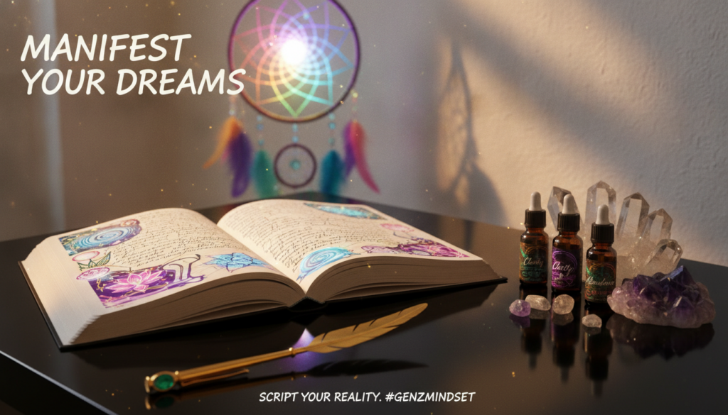 A beautifully styled scripting manifestation journal lies open on a sleek black desk, the pages filled with elegant handwriting and vibrant dreamlike illustrations in neon colors. In the foreground, an ornate pen rests beside the journal, reflecting soft light. The middle ground features carefully arranged crystals and essential oils, hinting at a serene atmosphere. In the background, a softly glowing dreamcatcher with colorful feathers hangs on the wall, adding a touch of whimsy. The scene is warmly lit, creating an inviting and inspiring ambiance. Capture the essence of personal growth and positivity through a high-end magazine advertisement aesthetic, appealing to a young adult Gen Z audience. The overall mood should evoke motivation and creativity, inviting viewers into the world of manifestation scripting. A beautifully styled scripting manifestation journal lies open on a sleek black desk, the pages filled with elegant handwriting and vibrant dreamlike illustrations in neon colors. In the foreground, an ornate pen rests beside the journal, reflecting soft light. The middle ground features carefully arranged crystals and essential oils, hinting at a serene atmosphere. In the background, a softly glowing dreamcatcher with colorful feathers hangs on the wall, adding a touch of whimsy. The scene is warmly lit, creating an inviting and inspiring ambiance. Capture the essence of personal growth and positivity through a high-end magazine advertisement aesthetic, appealing to a young adult Gen Z audience. The overall mood should evoke motivation and creativity, inviting viewers into the world of manifestation scripting.