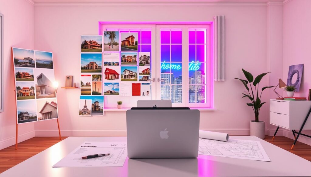 A bright, modern home office scene with a large, clear vision board prominently displayed in the foreground, showcasing various inspirational images of dream houses, color palettes, and home designs. In the middle ground, a sleek, minimalist desk with a laptop open to a planning application, surrounded by house sketches and blueprints. The background features a stylish window with vibrant neon colors pouring in, casting a lively glow across the room. Soft, balanced lighting enhances the atmosphere, creating an inviting and motivational space. The overall mood is aspirational and dynamic, reflecting the excitement of manifesting a dream home. The image should be high-resolution, resembling a high-end magazine advertisement aimed at adult Gen Z. Ensure all elements are professional and SFW. A bright, modern home office scene with a large, clear vision board prominently displayed in the foreground, showcasing various inspirational images of dream houses, color palettes, and home designs. In the middle ground, a sleek, minimalist desk with a laptop open to a planning application, surrounded by house sketches and blueprints. The background features a stylish window with vibrant neon colors pouring in, casting a lively glow across the room. Soft, balanced lighting enhances the atmosphere, creating an inviting and motivational space. The overall mood is aspirational and dynamic, reflecting the excitement of manifesting a dream home. The image should be high-resolution, resembling a high-end magazine advertisement aimed at adult Gen Z. Ensure all elements are professional and SFW.