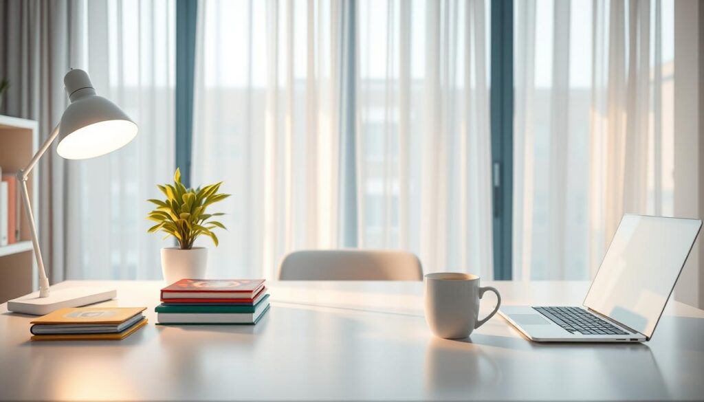 A bright, well-organized desk in a modern workspace, featuring a single lush green plant and a minimalist white lamp casting soft, warm light. In the foreground, a neat stack of colorful notebooks and a sleek laptop are arranged symmetrically, conveying a sense of clarity. The middle area shows a tidy surface with a cozy mug of herbal tea, reflecting a calming atmosphere. In the background, large windows let in natural light, creating a serene ambiance with light streaming through sheer curtains, tinted in soft pastel hues. The overall mood is uplifting and peaceful, emphasizing clarity and fresh energy, perfect for sparking creativity and raising one's inner vibration. The composition should evoke a high-end magazine advertisement with a dreamy, neon-inspired aesthetic. A bright, well-organized desk in a modern workspace, featuring a single lush green plant and a minimalist white lamp casting soft, warm light. In the foreground, a neat stack of colorful notebooks and a sleek laptop are arranged symmetrically, conveying a sense of clarity. The middle area shows a tidy surface with a cozy mug of herbal tea, reflecting a calming atmosphere. In the background, large windows let in natural light, creating a serene ambiance with light streaming through sheer curtains, tinted in soft pastel hues. The overall mood is uplifting and peaceful, emphasizing clarity and fresh energy, perfect for sparking creativity and raising one's inner vibration. The composition should evoke a high-end magazine advertisement with a dreamy, neon-inspired aesthetic.