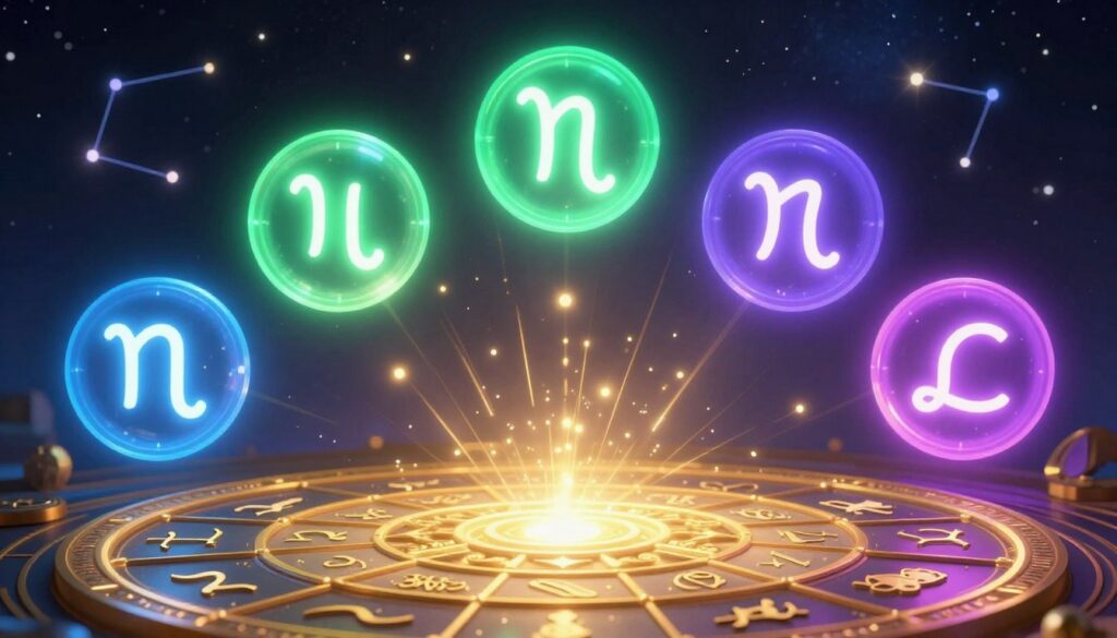A captivating depiction of the Part of Fortune in astrology, highlighting each zodiac sign as a symbol of wealth and prosperity. In the foreground, a celestial wheel adorned with intricate zodiac symbols radiates golden light, evoking a sense of mysticism and abundance. The middle ground showcases soft glowing orbs representing each zodiac sign, surrounded by vibrant neon colors that shift between deep blues, greens, and purples, creating an ethereal atmosphere. The background features a starry night sky, twinkling with distant constellations, enhancing the dreamlike quality of the scene. The lighting is moody yet inviting, resembling a high-end magazine advertisement, aimed at young adults. This composition encapsulates a journey toward prosperity, merging astrology with the allure of fortune.
