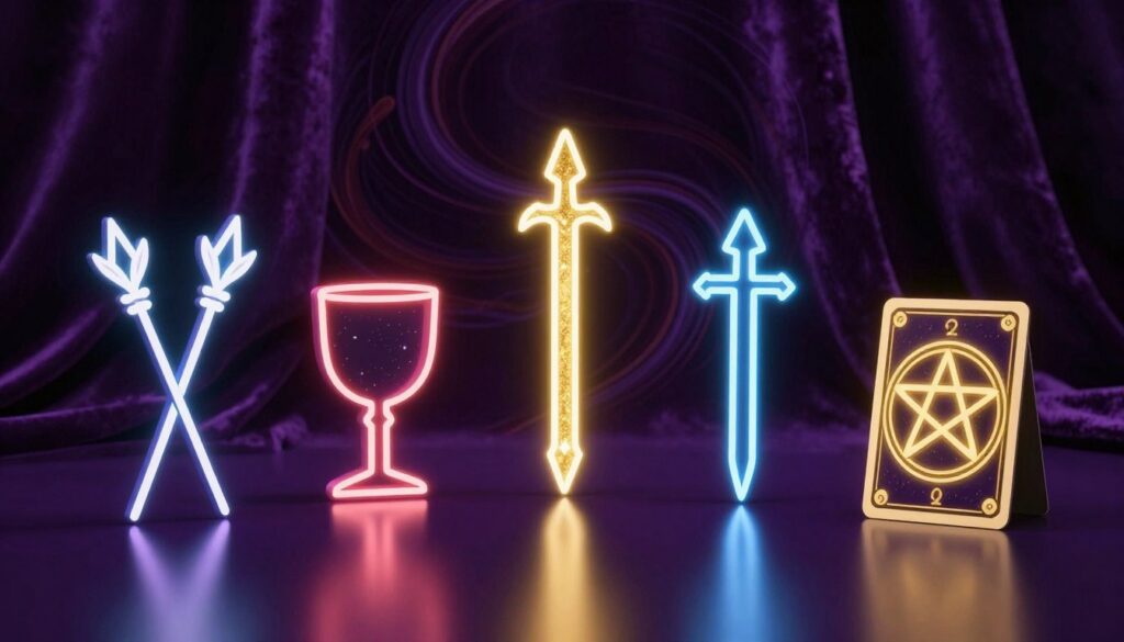 A captivating display of magician card symbols, such as wands, cups, swords, and pentacles, arranged artistically on a sleek, reflective surface. In the foreground, vibrant neon colors illuminate the symbols against a dark purple velvet backdrop, creating a dreamlike quality. The middle ground emphasizes a shimmering gold light that highlights each symbol, enhancing their magical essence. In the background, swirling abstract patterns intertwine, suggesting energy and potential. The scene is lit dramatically with soft spotlights, casting subtle shadows that add depth. The overall atmosphere is one of empowerment and creativity, inviting the viewer to connect with the themes of manifestation and personal power. The composition is modern, sleek, and intended to resonate with a sophisticated adult Gen Z audience.