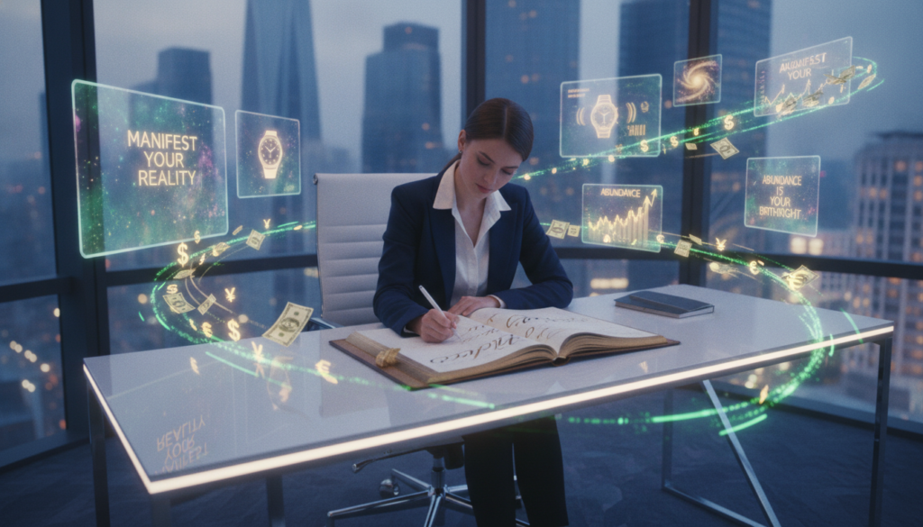 A captivating dreamcore scene depicting a sleek modern workspace, illuminated by vibrant neon colors, conveying the energy of money and success. In the foreground, a professional young adult woman in smart business attire sits at a minimalist desk, writing on a gold-embossed script journal, surrounded by floating dollar bills and glowing financial symbols. The middle ground features inspirational quotes and manifesting images hovering gently in the air, emphasizing the power of positive mindset. In the background, a panoramic city skyline showcases tall skyscrapers reflecting the neon colors of the scene. The overall mood is aspirational and energetic, with soft, diffused lighting simulating a dreamy atmosphere, reminiscent of a high-end magazine advertisement. The angle is slightly above eye level, providing a dynamic perspective that draws the viewer into the world of manifestation and success. A captivating dreamcore scene depicting a sleek modern workspace, illuminated by vibrant neon colors, conveying the energy of money and success. In the foreground, a professional young adult woman in smart business attire sits at a minimalist desk, writing on a gold-embossed script journal, surrounded by floating dollar bills and glowing financial symbols. The middle ground features inspirational quotes and manifesting images hovering gently in the air, emphasizing the power of positive mindset. In the background, a panoramic city skyline showcases tall skyscrapers reflecting the neon colors of the scene. The overall mood is aspirational and energetic, with soft, diffused lighting simulating a dreamy atmosphere, reminiscent of a high-end magazine advertisement. The angle is slightly above eye level, providing a dynamic perspective that draws the viewer into the world of manifestation and success.