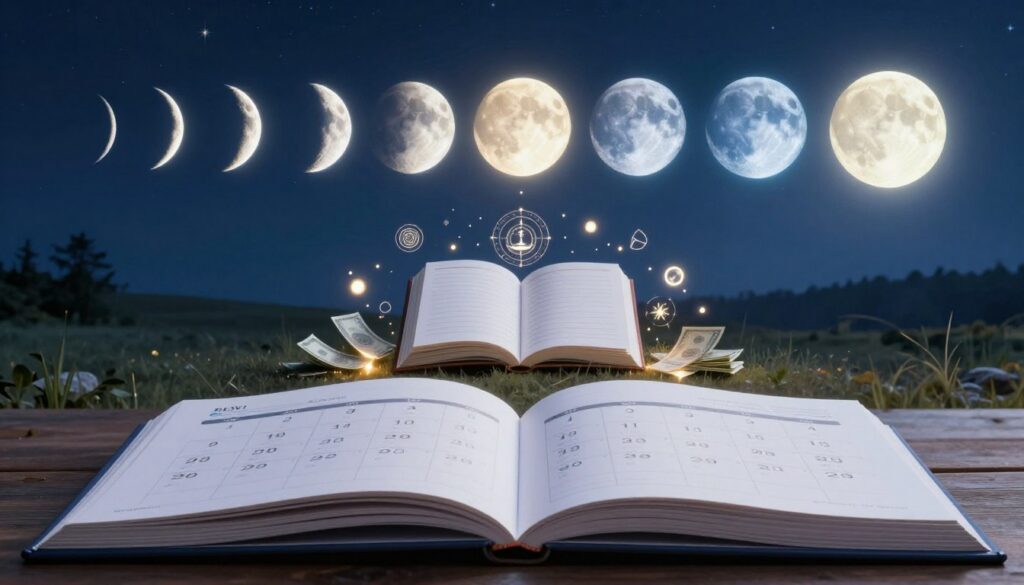 A captivating illustration of the lunar cycle as a financial planning guide, featuring a serene night sky filled with vivid neon-colored moon phases transitioning from a new moon to a full moon, symbolizing new beginnings and release. In the foreground, a stylized calendar is open, displaying dates that align with the lunar phases, designed with a modern, high-end magazine aesthetic. In the middle, an elegant financial planner with pristine pages is surrounded by glowing astrological symbols and cash elements, suggesting prosperity. The background features a tranquil landscape bathed in soft moonlight, enhancing a dreamlike, calm atmosphere. The lighting should be enchanting yet clear, reminiscent of soft studio lighting, capturing the essence of manifestation connected to the lunar cycle. A captivating illustration of the lunar cycle as a financial planning guide, featuring a serene night sky filled with vivid neon-colored moon phases transitioning from a new moon to a full moon, symbolizing new beginnings and release. In the foreground, a stylized calendar is open, displaying dates that align with the lunar phases, designed with a modern, high-end magazine aesthetic. In the middle, an elegant financial planner with pristine pages is surrounded by glowing astrological symbols and cash elements, suggesting prosperity. The background features a tranquil landscape bathed in soft moonlight, enhancing a dreamlike, calm atmosphere. The lighting should be enchanting yet clear, reminiscent of soft studio lighting, capturing the essence of manifestation connected to the lunar cycle.