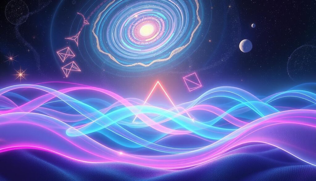 A captivating illustration representing the concept of "energy frequency and attraction," set in a dreamlike landscape. In the foreground, ethereal waves of vibrant neon colors intertwine, symbolizing different energy frequencies. Soft glows emanate from these waves, creating a mesmerizing dance of light. In the middle ground, abstract geometric shapes resonate with these frequencies, representing the universal laws at play. The background features a cosmic sky filled with swirling stars and celestial bodies, suggesting a connection to the universe. The atmosphere is serene yet dynamic, infused with a sense of wonder and possibility. Use dramatic lighting to highlight the energy waves and shapes, capturing a high-end magazine advertisement aesthetic, evoking curiosity and inspiration among adult Gen Z viewers.