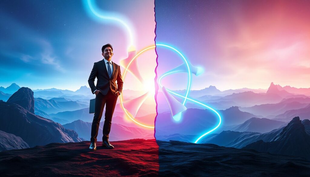 A captivating image representing the theme of "duality and the separate self." In the foreground, a figure dressed in professional business attire stands split in half, one side vibrant and colorful, embodying joy and connection, while the other side is monochrome and shadowy, representing isolation and separation. The middle ground features intertwining abstract shapes and luminous neon colors, creating a surreal landscape that symbolizes the contrast between unity and division. In the background, a soft gradient of cosmic blues and purples enhances the dreamlike atmosphere, infused with ethereal light. The overall mood should evoke a sense of introspection and wonder, captured with a high-contrast lighting technique that accentuates the duality theme, as if seen through a wide-angle lens to stretch the perception of space and depth. A captivating image representing the theme of "duality and the separate self." In the foreground, a figure dressed in professional business attire stands split in half, one side vibrant and colorful, embodying joy and connection, while the other side is monochrome and shadowy, representing isolation and separation. The middle ground features intertwining abstract shapes and luminous neon colors, creating a surreal landscape that symbolizes the contrast between unity and division. In the background, a soft gradient of cosmic blues and purples enhances the dreamlike atmosphere, infused with ethereal light. The overall mood should evoke a sense of introspection and wonder, captured with a high-contrast lighting technique that accentuates the duality theme, as if seen through a wide-angle lens to stretch the perception of space and depth.