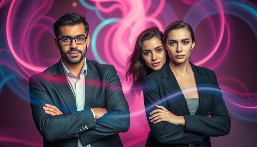 A captivating image that embodies the balance of masculine and feminine energy within a dreamcore aesthetic. In the foreground, a confident individual in professional business attire exudes masculine energy, standing strong and upright with arms crossed. Beside them, another person in modest casual clothing radiates feminine energy, with a gentle, inviting pose and an aura of calmness. In the middle ground, soft swirling colors of neon blues and pinks blend harmoniously, symbolizing the fusion of these energies. The background features abstract shapes and ethereal light patterns, creating a transcendent atmosphere. Utilize dramatic lighting to highlight their faces, capturing expression and essence. A high-angle perspective enhances the scene, imbuing it with a sense of depth and dynamic energy. The overall mood is vibrant and inspiring, illustrating unity in diversity. A captivating image that embodies the balance of masculine and feminine energy within a dreamcore aesthetic. In the foreground, a confident individual in professional business attire exudes masculine energy, standing strong and upright with arms crossed. Beside them, another person in modest casual clothing radiates feminine energy, with a gentle, inviting pose and an aura of calmness. In the middle ground, soft swirling colors of neon blues and pinks blend harmoniously, symbolizing the fusion of these energies. The background features abstract shapes and ethereal light patterns, creating a transcendent atmosphere. Utilize dramatic lighting to highlight their faces, capturing expression and essence. A high-angle perspective enhances the scene, imbuing it with a sense of depth and dynamic energy. The overall mood is vibrant and inspiring, illustrating unity in diversity.
