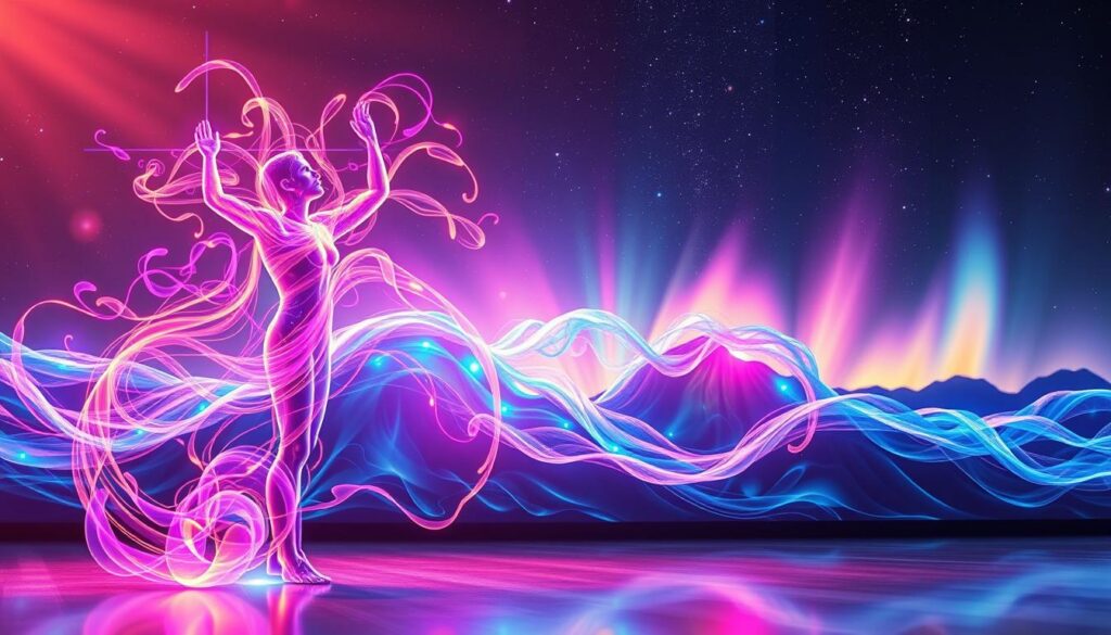 A captivating representation of the "Law of Vibration and Attraction Energy", featuring a vibrant, ethereal scene. In the foreground, an abstract figure with swirling energy patterns, glowing in vivid neon colors, represents the flow of positive vibrations. The middle ground showcases dynamic waves and spirals that illustrate the universal forces at play, merging and intertwining like colorful auroras. In the background, a cosmic landscape with stars and galaxies creates a sense of infinite possibilities, enhancing the energetic atmosphere. Soft, radiant lighting casts an otherworldly glow, while a slightly tilted angle provides depth and intrigue. The overall mood is uplifting and inspiring, inviting viewers to explore the connection between energy and attraction in a visually stunning, high-end magazine style. A captivating representation of the "Law of Vibration and Attraction Energy", featuring a vibrant, ethereal scene. In the foreground, an abstract figure with swirling energy patterns, glowing in vivid neon colors, represents the flow of positive vibrations. The middle ground showcases dynamic waves and spirals that illustrate the universal forces at play, merging and intertwining like colorful auroras. In the background, a cosmic landscape with stars and galaxies creates a sense of infinite possibilities, enhancing the energetic atmosphere. Soft, radiant lighting casts an otherworldly glow, while a slightly tilted angle provides depth and intrigue. The overall mood is uplifting and inspiring, inviting viewers to explore the connection between energy and attraction in a visually stunning, high-end magazine style.