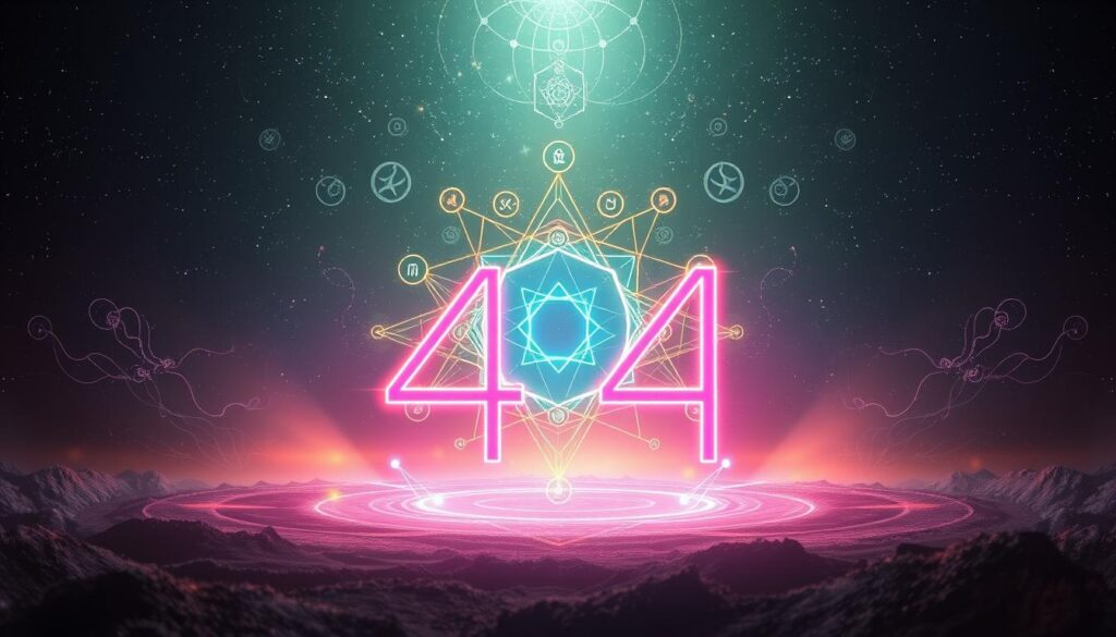 A captivating scene depicting the foundation and structure of numerology centered around the number 444. In the foreground, a large, luminous number "444" is artistically crafted from vibrant neon colors, surrounded by intricate geometric shapes and symbols that represent numerological concepts. The middle ground features a mystical, ethereal aura, with flowing patterns that connect to the number, creating an organic, harmonious feel. In the background, a softly lit, dreamlike landscape unfolds, suggesting a cosmic realm filled with twinkling stars and celestial motifs. The lighting is moody, casting a warm glow on the elements, enhancing the mystical atmosphere. The image has a high-end magazine advertisement aesthetic, appealing to an adult Gen Z audience, evoking a sense of wonder and spirituality. A captivating scene depicting the foundation and structure of numerology centered around the number 444. In the foreground, a large, luminous number "444" is artistically crafted from vibrant neon colors, surrounded by intricate geometric shapes and symbols that represent numerological concepts. The middle ground features a mystical, ethereal aura, with flowing patterns that connect to the number, creating an organic, harmonious feel. In the background, a softly lit, dreamlike landscape unfolds, suggesting a cosmic realm filled with twinkling stars and celestial motifs. The lighting is moody, casting a warm glow on the elements, enhancing the mystical atmosphere. The image has a high-end magazine advertisement aesthetic, appealing to an adult Gen Z audience, evoking a sense of wonder and spirituality.