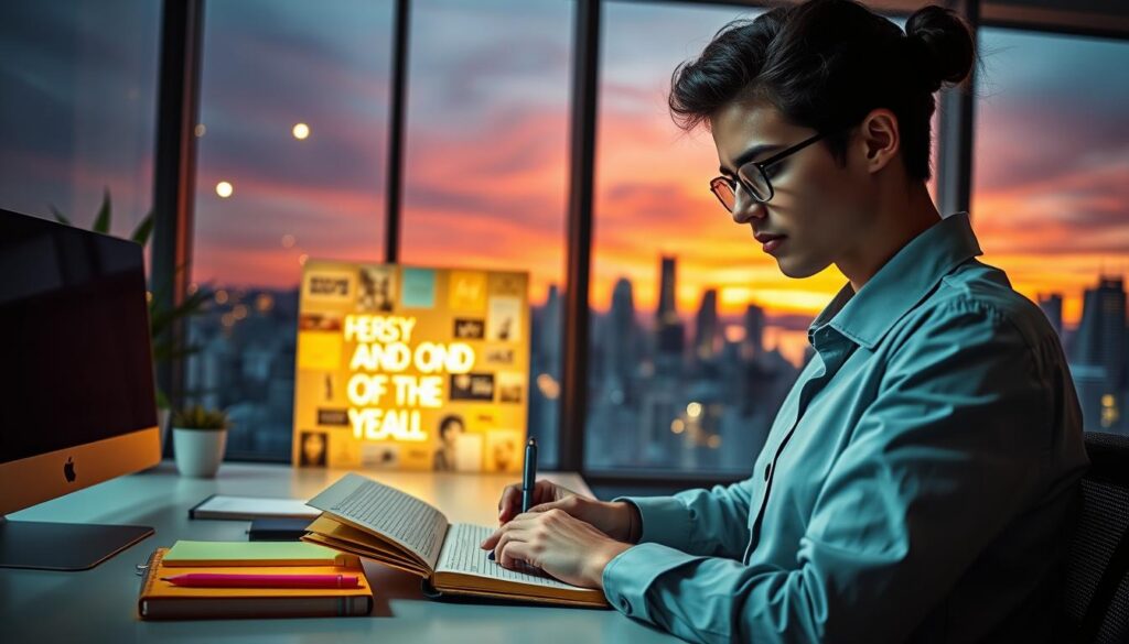 A captivating scene of a young adult in a modern, minimalist office setting, reflecting the concept of the 555 manifestation method. In the foreground, a focused individual, dressed in professional attire, is journaling in a sleek notebook, surrounded by neon-colored stationary. The middle ground features a glowing vision board plastered with positive affirmations and inspirational images. In the background, large windows reveal a vibrant city skyline bathed in the warm glow of sunset, casting dynamic light across the scene. The atmosphere is one of motivation and clarity, captured with soft, ambient lighting and a slight lens blur to enhance focus on the journal. The overall mood should inspire feelings of empowerment and possibility, emphasizing the transformative essence of the 555 method. A captivating scene of a young adult in a modern, minimalist office setting, reflecting the concept of the 555 manifestation method. In the foreground, a focused individual, dressed in professional attire, is journaling in a sleek notebook, surrounded by neon-colored stationary. The middle ground features a glowing vision board plastered with positive affirmations and inspirational images. In the background, large windows reveal a vibrant city skyline bathed in the warm glow of sunset, casting dynamic light across the scene. The atmosphere is one of motivation and clarity, captured with soft, ambient lighting and a slight lens blur to enhance focus on the journal. The overall mood should inspire feelings of empowerment and possibility, emphasizing the transformative essence of the 555 method.