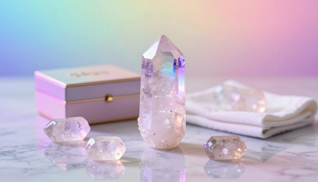 A captivating scene showcasing selenite crystals delicately arranged on a polished marble surface, surrounded by vibrant neon accents and dreamcore aesthetics. In the foreground, a few pristine selenite pieces glisten under soft, ambient lighting, highlighting their translucent beauty. The middle ground should feature a subtle display of protective items like a stylish, elegant box to keep the crystals safe from humidity, and a minimalist drying cloth, emphasizing their care. The background consists of a softly blurred gradient of pastel colors, creating a harmonious and ethereal atmosphere. The overall mood is serene and inviting, reminiscent of a high-end magazine advertisement targeting an adult Gen Z audience, evoking a sense of luxury and tranquility. The image is free of any text or watermarks.