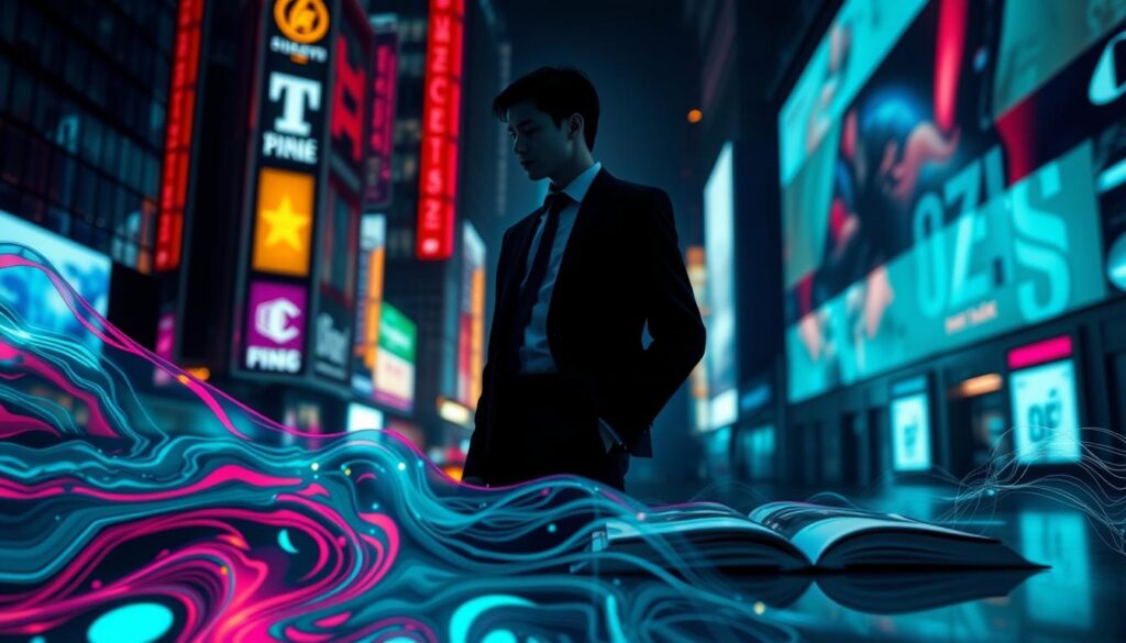 A captivating scene showcasing subliminal messaging in advertising, featuring the silhouette of an adult Gen Z individual, elegantly dressed in professional business attire, standing in a stylish urban environment. The foreground highlights abstract designs that subtly incorporate brand logos, hidden within vibrant dreamcore patterns and neon colors. In the middle ground, a sleek high-end magazine advertisement displays intriguing imagery that hints at psychological triggers, evoking curiosity. The background incorporates a blurred cityscape with digital billboards that glow softly, enhancing the atmosphere of modern marketing intrigue. The lighting is dynamic, with sharp contrasts between bright neon illuminations and shadows, creating an enigmatic mood that emphasizes the secrets behind subliminal messaging. The angle is slightly tilted to enhance the sense of depth and draw attention to the hidden elements within the advertisement. A captivating scene showcasing subliminal messaging in advertising, featuring the silhouette of an adult Gen Z individual, elegantly dressed in professional business attire, standing in a stylish urban environment. The foreground highlights abstract designs that subtly incorporate brand logos, hidden within vibrant dreamcore patterns and neon colors. In the middle ground, a sleek high-end magazine advertisement displays intriguing imagery that hints at psychological triggers, evoking curiosity. The background incorporates a blurred cityscape with digital billboards that glow softly, enhancing the atmosphere of modern marketing intrigue. The lighting is dynamic, with sharp contrasts between bright neon illuminations and shadows, creating an enigmatic mood that emphasizes the secrets behind subliminal messaging. The angle is slightly tilted to enhance the sense of depth and draw attention to the hidden elements within the advertisement.