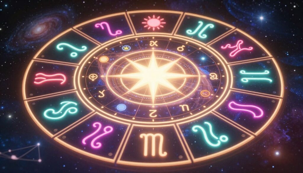 A captivating zodiac sign astrology chart, elegantly designed with intricate celestial symbols and vibrant neon colors, reflects the twelve zodiac signs arranged in a circular fashion. In the foreground, detailed illustrations of the North Node, depicted as a luminous star, stand out prominently among the signs. The middle ground showcases a softly glowing astrological wheel, weaving together astrological aspects and relationships between the signs. The background features a dreamy, cosmic scene with swirling galaxies and constellations, bathed in subtle light to create an ethereal atmosphere. The overall mood is mystical and inspiring, emphasizing the journey of self-discovery and purpose. Use a warm, ambient lighting effect to enhance depth, and capture the scene with a slight tilt angle for a dynamic perspective. A captivating zodiac sign astrology chart, elegantly designed with intricate celestial symbols and vibrant neon colors, reflects the twelve zodiac signs arranged in a circular fashion. In the foreground, detailed illustrations of the North Node, depicted as a luminous star, stand out prominently among the signs. The middle ground showcases a softly glowing astrological wheel, weaving together astrological aspects and relationships between the signs. The background features a dreamy, cosmic scene with swirling galaxies and constellations, bathed in subtle light to create an ethereal atmosphere. The overall mood is mystical and inspiring, emphasizing the journey of self-discovery and purpose. Use a warm, ambient lighting effect to enhance depth, and capture the scene with a slight tilt angle for a dynamic perspective.
