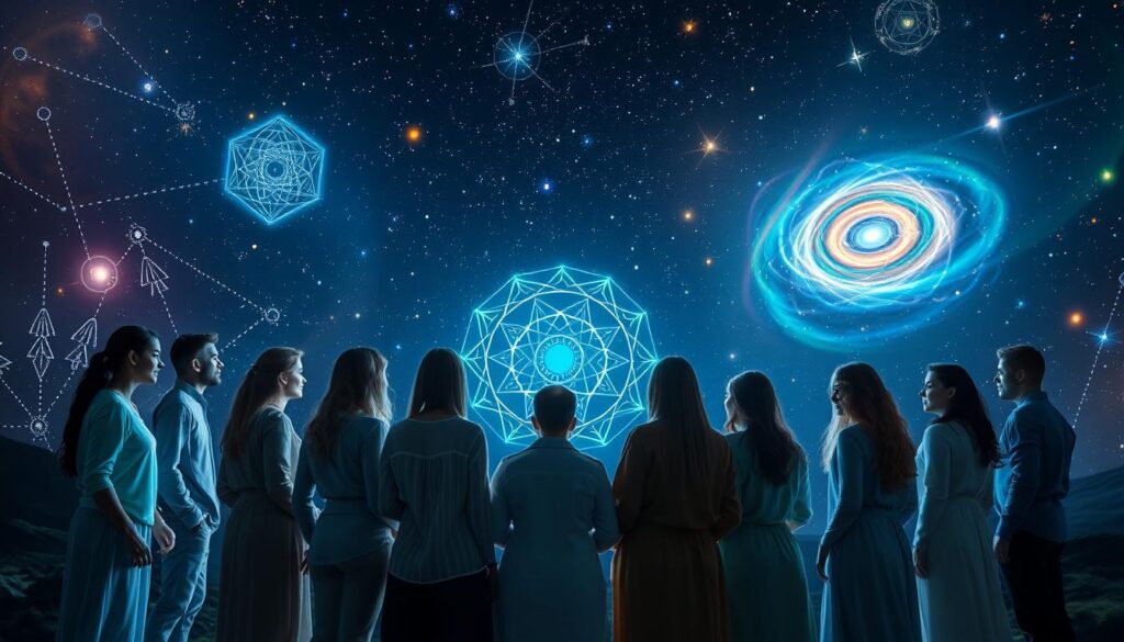 A celestial landscape of ethereal realms represents various starseed lineages exploring spiritual connections. In the foreground, a diverse group of people in modest, casual clothing, embodying different ethnicities, gather in a circle, each illuminated by a soft glow that corresponds to their lineage—blue for Pleiadians, gold for Arcturians, green for Andromedans. The middle features intricate, luminous patterns resembling constellations that float around them, intertwining with energy waves that symbolize their spiritual connections. In the background, a mesmerizing night sky filled with brilliant stars, swirling galaxies, and vivid, dreamlike neon colors, creating a cosmic atmosphere. Soft, diffused lighting enhances the mood, evoking a sense of unity and transcendence, captured with a wide-angle lens for dramatic depth and perspective.