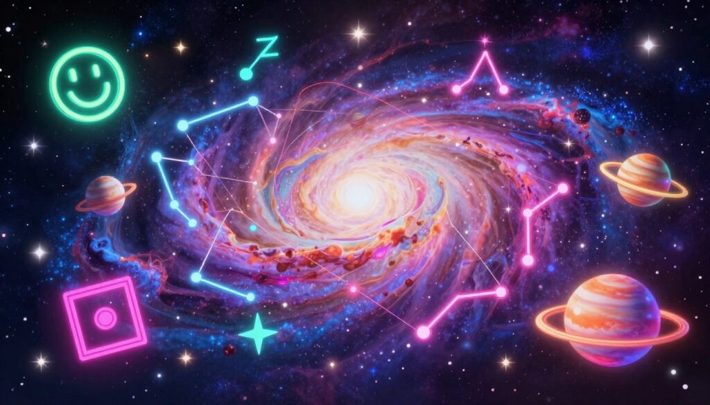 A celestial scene depicting the themes of a Jupiter return birth chart, featuring vibrant neon colors and dreamcore aesthetics. In the foreground, elegantly illustrated astrological symbols and planetary icons representing Jupiter, such as positivity, growth, and adventure, float among glowing stars. The middle shows an abstract representation of a birth chart, with swirling constellations and connecting lines, suggesting a journey of exploration and fortune. In the background, a cosmic landscape with swirling nebulae and shimmering galaxies creates an enchanting atmosphere, illuminated by ethereal light. The entire composition has a high-end magazine advertisement feel, appealing to an adult Gen Z audience. The mood is uplifting and optimistic, embodying the essence of luck and potential during a Jupiter return.