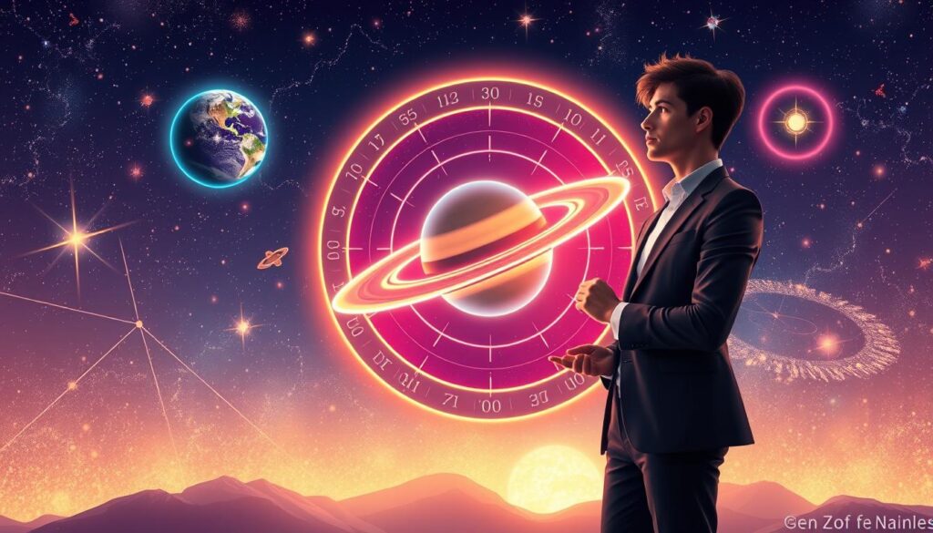 A celestial-themed illustration capturing the essence of a Saturn return and natal chart lessons. In the foreground, a person in professional attire stands confidently, holding an illuminated, intricate natal chart featuring astrological symbols. The middle layer showcases vibrant, neon-colored planets, particularly a striking depiction of Saturn with its rings, radiating ethereal light. The background is a dreamy cosmos filled with shimmering stars and constellations, creating a sense of depth and wonder. The lighting is otherworldly, with soft glows highlighting the figures and elements, creating a reflective atmosphere. The overall mood is contemplative yet inspiring, encapsulating the pivotal life lessons associated with astrological transits. The composition is polished and sophisticated, reminiscent of a high-end magazine advertisement, appealing to a modern, adult Gen Z audience. A celestial-themed illustration capturing the essence of a Saturn return and natal chart lessons. In the foreground, a person in professional attire stands confidently, holding an illuminated, intricate natal chart featuring astrological symbols. The middle layer showcases vibrant, neon-colored planets, particularly a striking depiction of Saturn with its rings, radiating ethereal light. The background is a dreamy cosmos filled with shimmering stars and constellations, creating a sense of depth and wonder. The lighting is otherworldly, with soft glows highlighting the figures and elements, creating a reflective atmosphere. The overall mood is contemplative yet inspiring, encapsulating the pivotal life lessons associated with astrological transits. The composition is polished and sophisticated, reminiscent of a high-end magazine advertisement, appealing to a modern, adult Gen Z audience.
