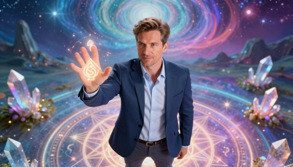 A charismatic Caucasian adult in stylish business attire stands confidently as a master intuitive manifestor. The foreground features the figure engaging with glowing, ethereal symbols of manifestation and intuition, illuminated by soft neon lights. The middle ground showcases a tranquil setting with shimmering geometric patterns and floating crystals, representing clarity and focus. In the background, a dreamlike landscape with swirling colors and cosmic elements enhances the mystical atmosphere. The lighting is soft yet vibrant, creating an alluring ambiance. Use a high-angle perspective to emphasize the subject’s importance, while capturing the essence of manifestation. The overall mood is inspiring and empowering, perfect for embodying the energy of a master intuitive manifestor. A charismatic Caucasian adult in stylish business attire stands confidently as a master intuitive manifestor. The foreground features the figure engaging with glowing, ethereal symbols of manifestation and intuition, illuminated by soft neon lights. The middle ground showcases a tranquil setting with shimmering geometric patterns and floating crystals, representing clarity and focus. In the background, a dreamlike landscape with swirling colors and cosmic elements enhances the mystical atmosphere. The lighting is soft yet vibrant, creating an alluring ambiance. Use a high-angle perspective to emphasize the subject’s importance, while capturing the essence of manifestation. The overall mood is inspiring and empowering, perfect for embodying the energy of a master intuitive manifestor.
