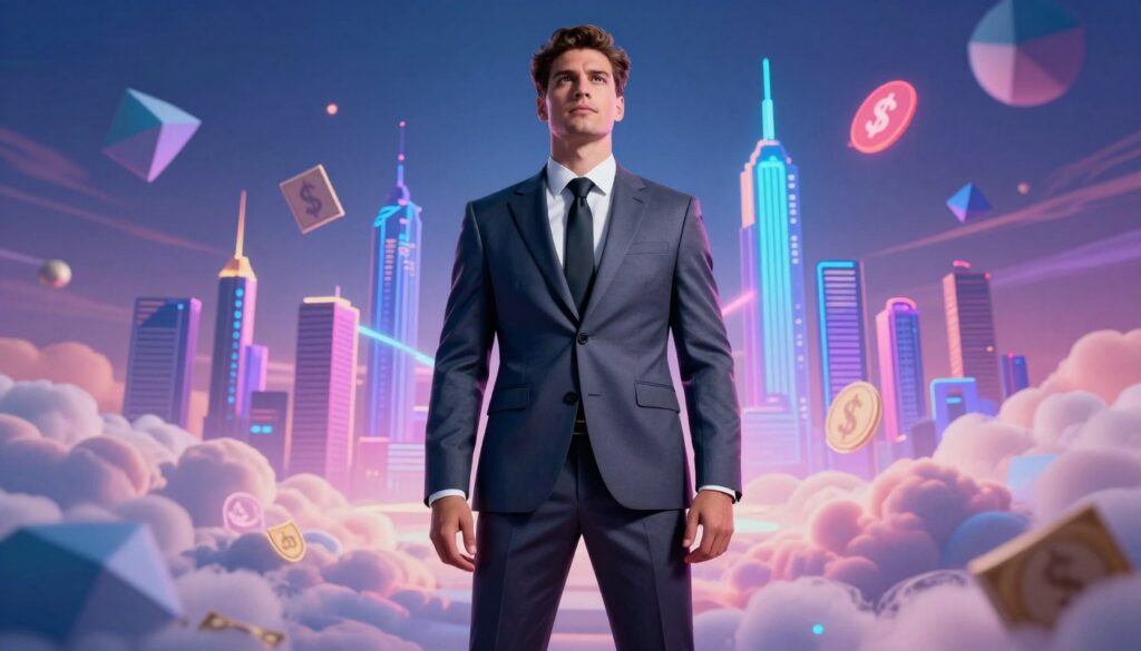 A charismatic, confident figure stands prominently in the foreground, dressed in a tailored business suit, exuding authority and success. The middle ground features subtle, abstract representations of ambition and achievement, such as a dynamic skyline and symbols of wealth, all illuminated by vibrant neon colors that suggest energy and determination. In the background, a dreamy landscape merges with surreal elements, like floating geometric shapes and soft, swirling clouds, creating an ethereal atmosphere. The lighting is radiant, casting dramatic shadows that emphasize strength and focus. Captured from a slight low angle, this composition conveys a sense of upward movement and inspiration, perfect for illustrating the powerful personality traits of Life Path Number 8, appealing to adult Gen Z audiences with a high-end magazine aesthetic. A charismatic, confident figure stands prominently in the foreground, dressed in a tailored business suit, exuding authority and success. The middle ground features subtle, abstract representations of ambition and achievement, such as a dynamic skyline and symbols of wealth, all illuminated by vibrant neon colors that suggest energy and determination. In the background, a dreamy landscape merges with surreal elements, like floating geometric shapes and soft, swirling clouds, creating an ethereal atmosphere. The lighting is radiant, casting dramatic shadows that emphasize strength and focus. Captured from a slight low angle, this composition conveys a sense of upward movement and inspiration, perfect for illustrating the powerful personality traits of Life Path Number 8, appealing to adult Gen Z audiences with a high-end magazine aesthetic.