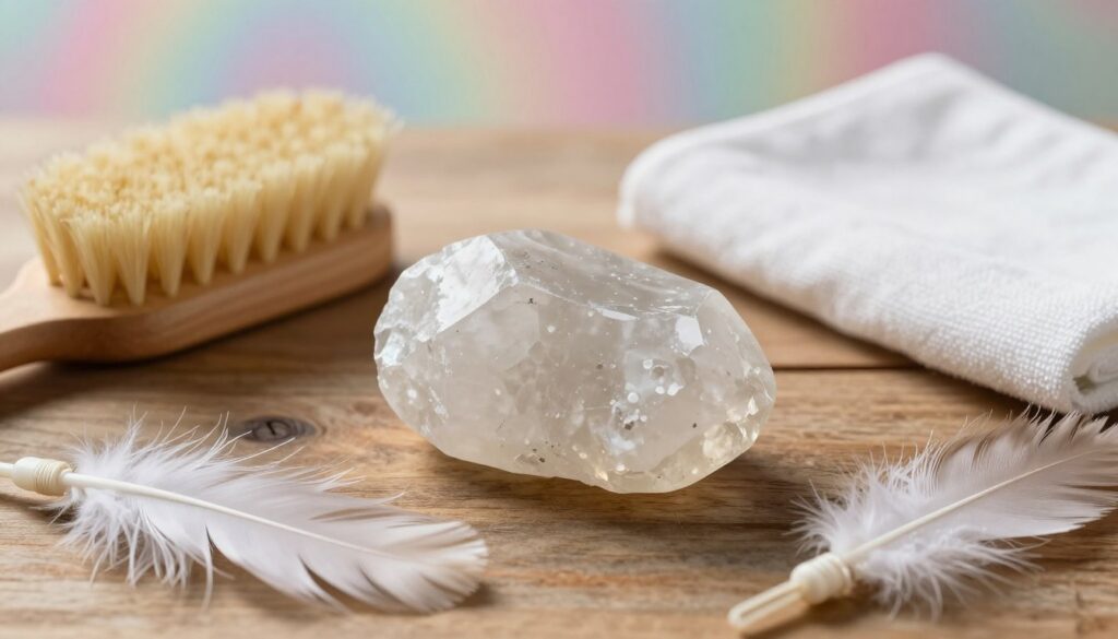 A clean piece of selenite, radiating a soft, ethereal glow, lies on a rustic wooden surface. Surrounding it are various dry tools such as a soft-bristled brush, a microfiber cloth, and a delicate feather duster, all positioned neatly to suggest gentle cleansing methods. In the background, blurred out, are hints of pastel colors and dreamy patterns, creating a calming atmosphere. The lighting is soft and diffuse, illuminating the selenite's translucent qualities while casting gentle shadows that enhance the depth of the tools. The shot is captured from a slightly elevated angle, giving a clean, organized feel, suited for a high-end magazine aesthetic. This serene scene embodies tranquility and mindfulness, perfect for the theme of cleansing.