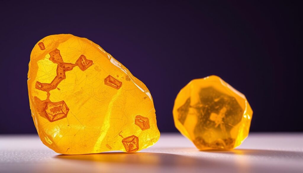 A close-up comparison of natural citrine stones alongside heat-treated citrine, prominently displayed against a soft, gradient background. In the foreground, the natural citrine should exhibit its vibrant yellow to earthy brown hues with intricate internal patterns, while the heat-treated stone glows with a bright, uniform golden yellow. The middle ground should feature a simple wooden surface to enhance the rustic feel, while the background fades from deep navy to soft lavender, lending a serene ambiance. The lighting is bright and diffused, highlighting the stones' textures and reflections, with a focus on sharp details and depth of field. The overall atmosphere is sophisticated and inviting, suitable for an elegant presentation. A close-up comparison of natural citrine stones alongside heat-treated citrine, prominently displayed against a soft, gradient background. In the foreground, the natural citrine should exhibit its vibrant yellow to earthy brown hues with intricate internal patterns, while the heat-treated stone glows with a bright, uniform golden yellow. The middle ground should feature a simple wooden surface to enhance the rustic feel, while the background fades from deep navy to soft lavender, lending a serene ambiance. The lighting is bright and diffused, highlighting the stones' textures and reflections, with a focus on sharp details and depth of field. The overall atmosphere is sophisticated and inviting, suitable for an elegant presentation.