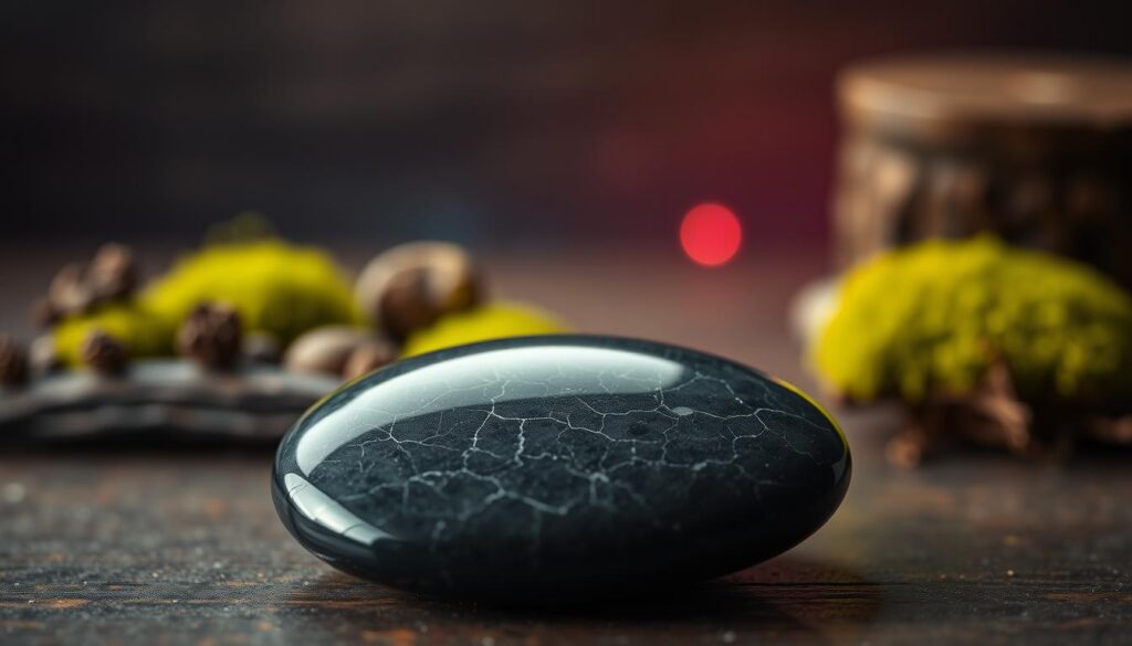 A close-up image of a polished black obsidian grounding stone, showcasing its smooth, glossy surface that reflects light with a subtle sheen. The stone should be centered in the foreground, highlighting its intricate natural patterns. In the middle ground, a soft, blurred arrangement of earthy textures like dark wooden surfaces and green moss creates a calming atmosphere. In the background, a gentle gradient of dreamy, neon colors subtly illuminates the scene, evoking a sense of mystical energy. The lighting should be warm and inviting, casting delicate shadows that enhance the stone's depth. Aim for a high-end magazine advertisement style to appeal to a modern, adult Gen Z audience, emphasizing the protective properties of black obsidian while maintaining a serene and reflective mood. A close-up image of a polished black obsidian grounding stone, showcasing its smooth, glossy surface that reflects light with a subtle sheen. The stone should be centered in the foreground, highlighting its intricate natural patterns. In the middle ground, a soft, blurred arrangement of earthy textures like dark wooden surfaces and green moss creates a calming atmosphere. In the background, a gentle gradient of dreamy, neon colors subtly illuminates the scene, evoking a sense of mystical energy. The lighting should be warm and inviting, casting delicate shadows that enhance the stone's depth. Aim for a high-end magazine advertisement style to appeal to a modern, adult Gen Z audience, emphasizing the protective properties of black obsidian while maintaining a serene and reflective mood.