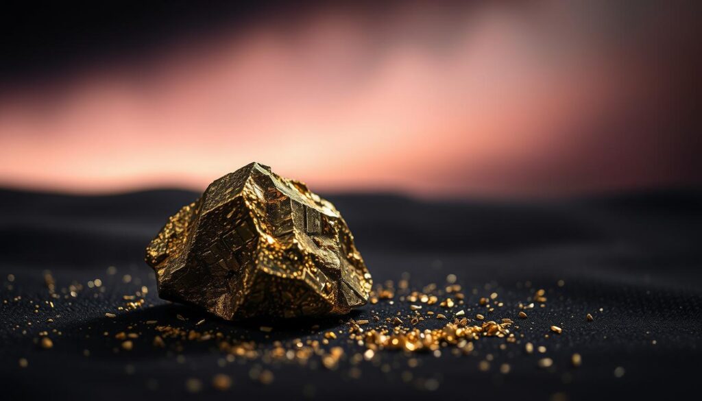 A close-up image of an authentic pyrite crystal sits prominently in the foreground, showcasing its metallic golden luster and cubic formations. The crystal is surrounded by a gentle scattering of tiny, shimmering mineral fragments on a soft, dark velvet background that highlights its brilliance. The lighting is dramatic and moody, with soft spotlights illuminating the crystal to create a glinting effect that accentuates its unique texture and facets. In the middle ground, a subtle gradient of dreamy pastel colors softly blends, enhancing the mystical quality of the scene. The atmosphere is serene yet enchanting, inviting the viewer to explore the beauty and allure of pyrite, symbolizing wealth and prosperity. No text or additional elements to distract from the crystal's captivating presence.