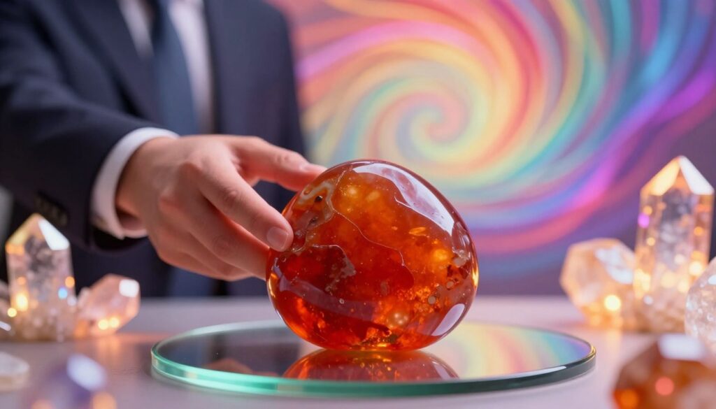 A close-up of a polished carnelian stone resting on a sleek glass surface, surrounded by glowing neon-colored crystals that radiate warmth. In the foreground, the stone's rich red-orange hues are highlighted by soft, diffused light that casts gentle shadows, creating an inviting atmosphere. In the middle ground, a hand in professional business attire delicately cradles the stone, symbolizing motivation and confidence. The background fades into a dreamy, abstract swirl of vibrant colors that evoke a sense of energy and inspiration, reminiscent of a high-end magazine advertisement aimed at adult Gen Z. The overall mood is empowering and dynamic, inviting viewers to tap into the benefits of the carnelian stone. A close-up of a polished carnelian stone resting on a sleek glass surface, surrounded by glowing neon-colored crystals that radiate warmth. In the foreground, the stone's rich red-orange hues are highlighted by soft, diffused light that casts gentle shadows, creating an inviting atmosphere. In the middle ground, a hand in professional business attire delicately cradles the stone, symbolizing motivation and confidence. The background fades into a dreamy, abstract swirl of vibrant colors that evoke a sense of energy and inspiration, reminiscent of a high-end magazine advertisement aimed at adult Gen Z. The overall mood is empowering and dynamic, inviting viewers to tap into the benefits of the carnelian stone.
