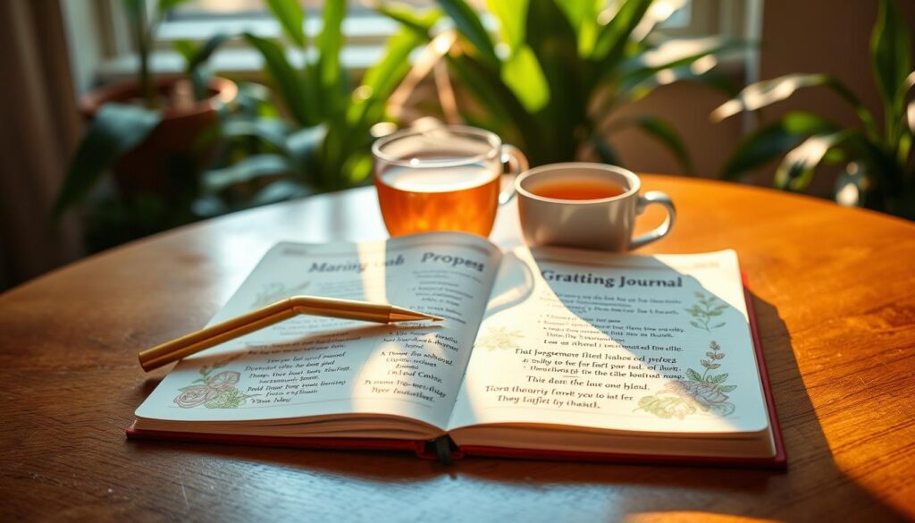A close-up of an elegantly designed morning gratitude journal resting on a polished wooden table, open to a beautifully illustrated page filled with affirmations and gratitude prompts. The foreground features a golden pen poised above the journal, shimmering in the soft, warm morning light filtering through a window, casting gentle shadows. In the middle, a steaming cup of herbal tea sits beside the journal, adding a cozy touch. The background showcases a softly blurred indoor garden with lush green plants, enhancing the atmosphere of abundance and tranquility. The overall mood is serene yet inspiring, with neon colors subtly integrated into the journal's design, reflecting a high-end magazine aesthetic. The composition invites viewers to embrace their daily gratitude practice in a vibrant, dreamlike setting.